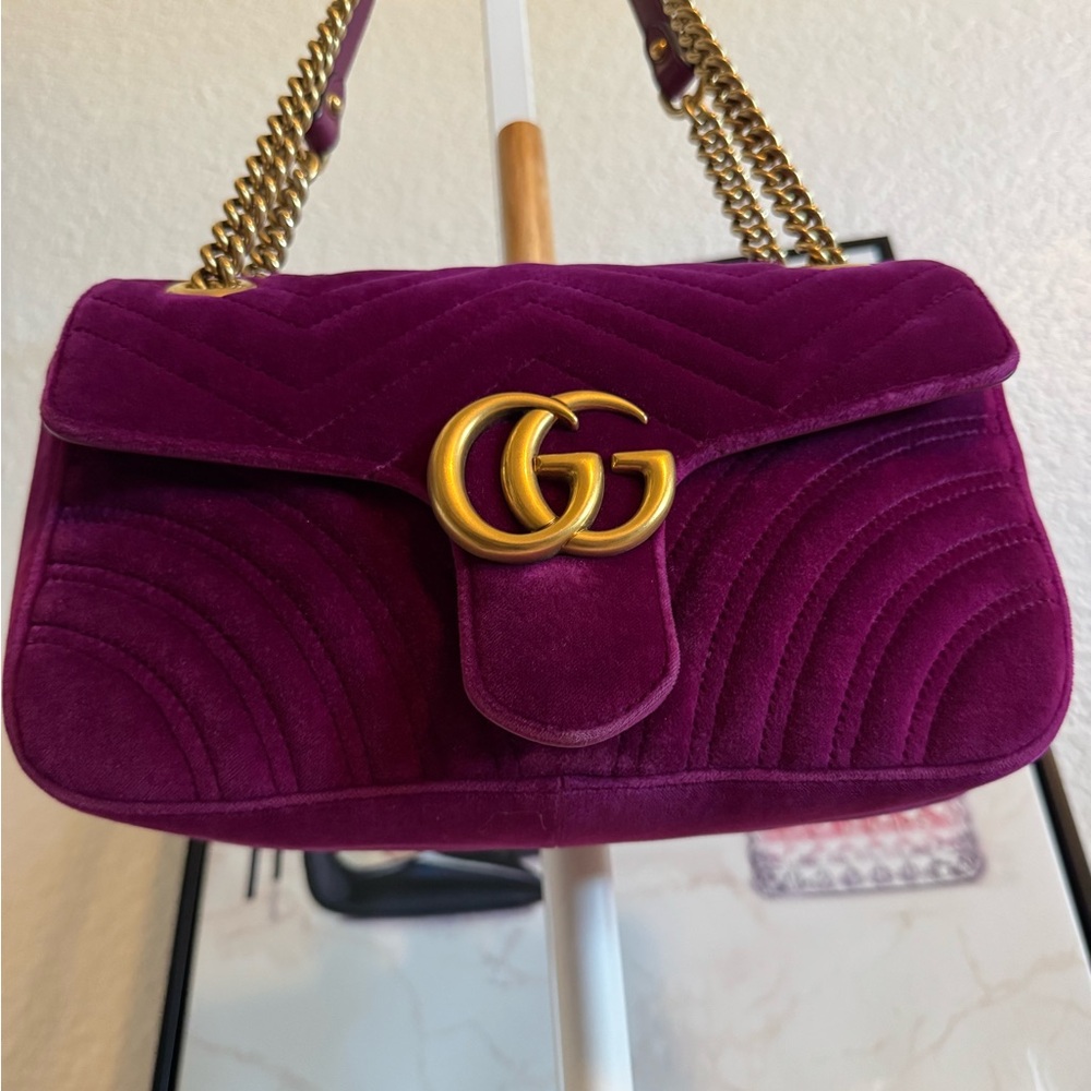 Gucci Purple Velvet GG Marmont Chain Crossbody Bag - Picture 7 of 12